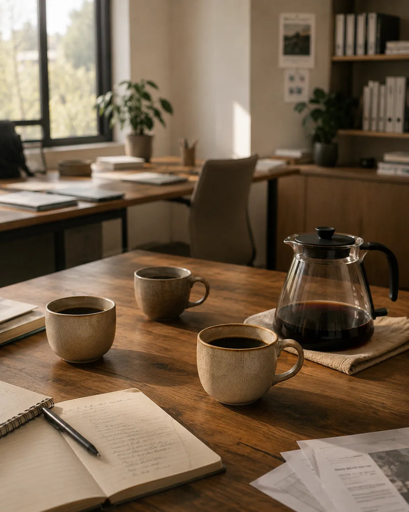 Filtre kahve ağırlıklı sakin ofis tüketim düzenini temsil eden doğal ışıklı editorial çalışma ortamı.