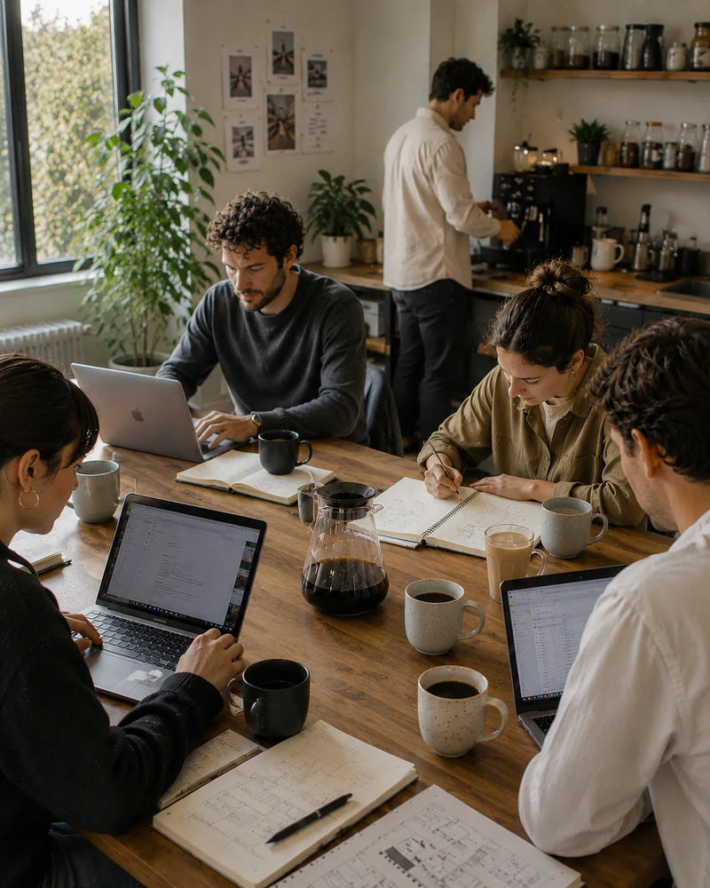 Farklı kahve tercihlerine sahip yaratıcı ekiplerin yoğun günlük tüketim ritmini gösteren modern ofis sahnesi.