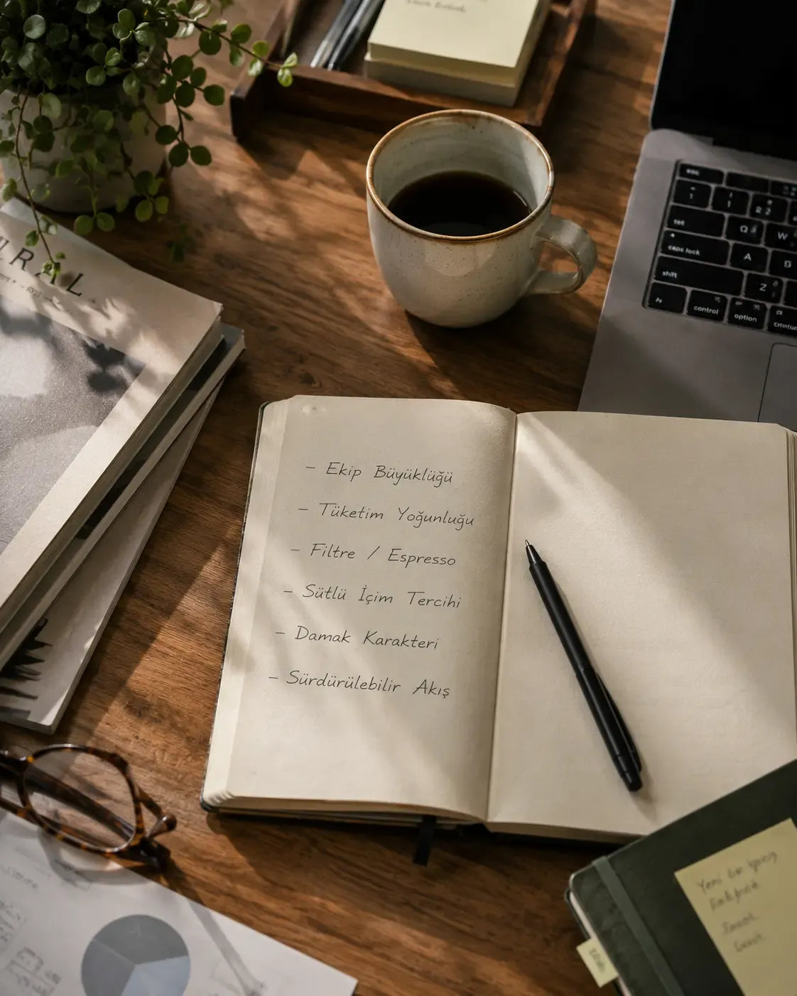 Saggio Coffee için hazırlanmış ofis kahve düzeni planlama sahnesi; filtre kahve fincanı, el yazılı kahve notları, dizüstü bilgisayar ve sürdürülebilir ofis kahve akışını anlatan editorial çalışma masası.